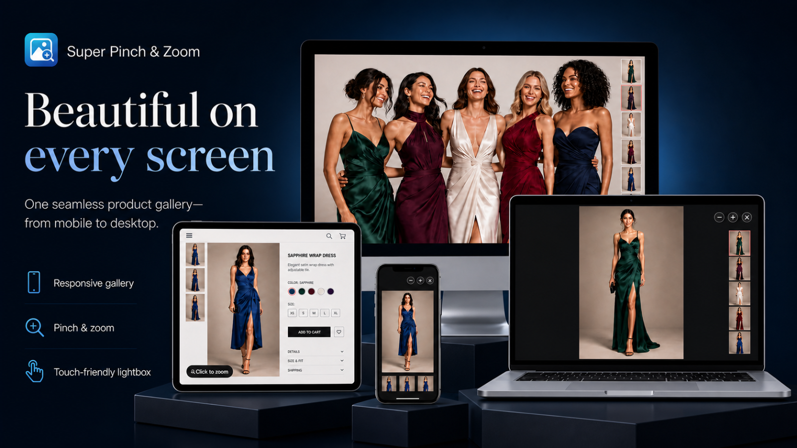 Responsive product gallery, pinch zoom and touch-friendly lightbox across devices