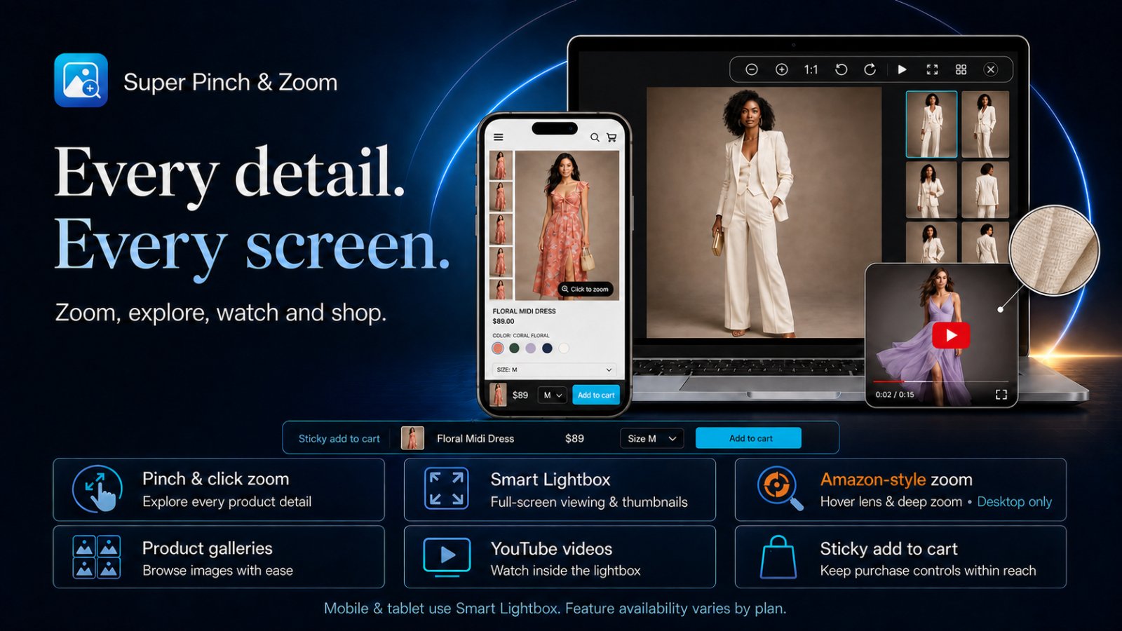 Product zoom, lightbox, video, galleries and sticky cart across devices