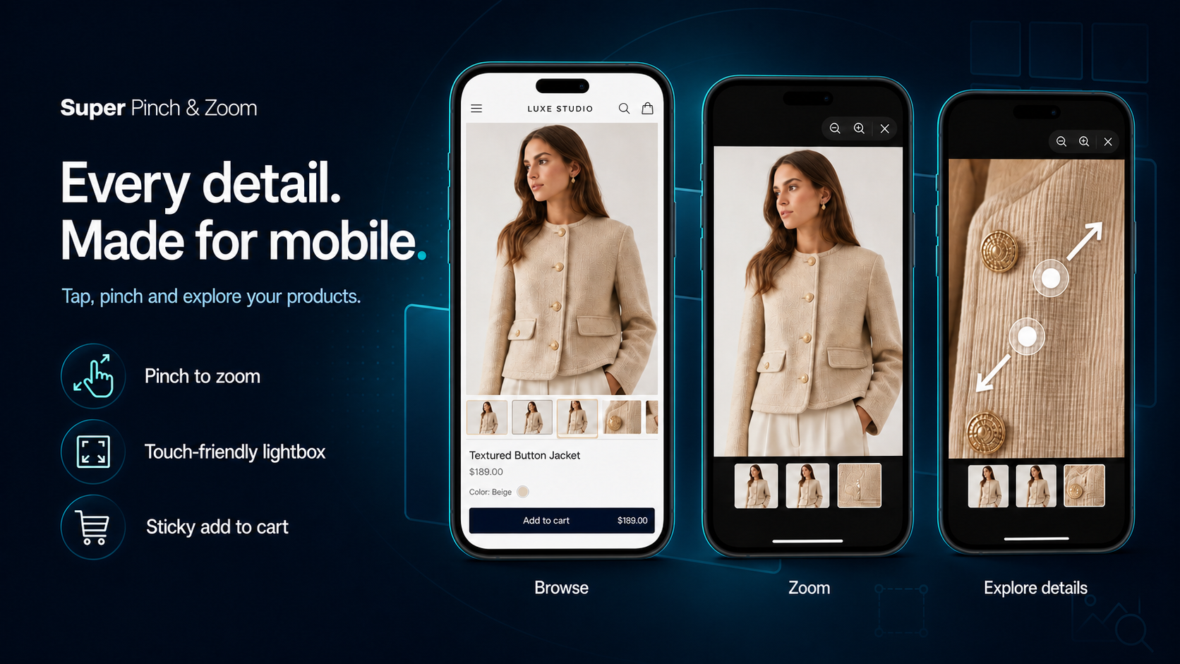Mobile product browsing, pinch zoom, touch lightbox and sticky add to cart