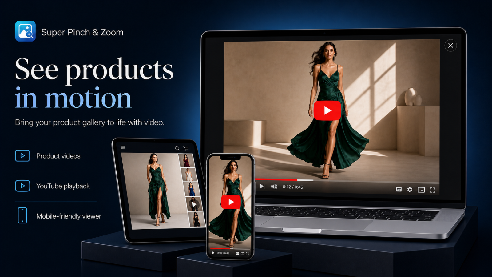 Product videos and YouTube playback in a mobile-friendly product viewer